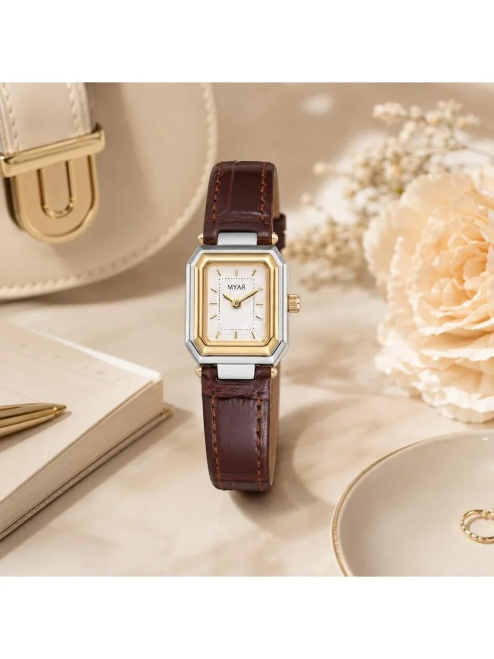 Women's Two Tone Coffee Square Vintage Leather Strap Dress Quartz Elegant Watch